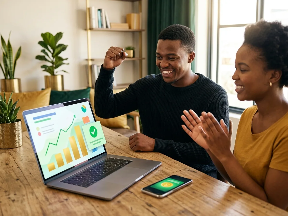 A smiling man raising his fist and a smiling woman clapping at a wooden table, with a laptop showing a rising chart and a phone beside it
