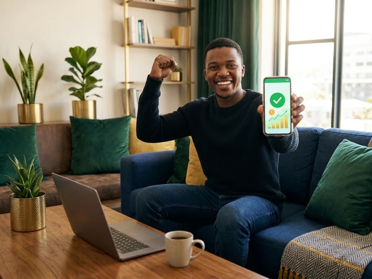 A smiling man on a sofa raising one fist and holding his phone toward the camera, with a laptop and a mug on the coffee table