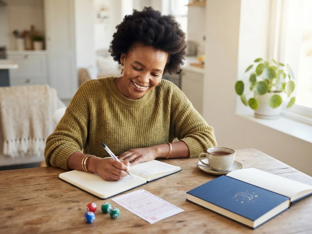 A smiling woman writing in a notebook at a wooden table, with a number slip, a few small numbered balls, a cup of tea and an open book beside her